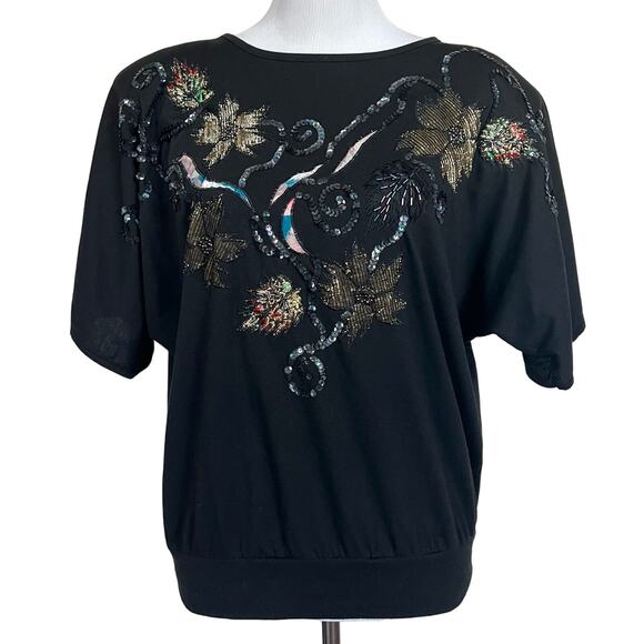 Vintage 80s 90s Women’s Top Embellished Seauin Beads Shoulder Pads Uno Una Sz L - Picture 1 of 9